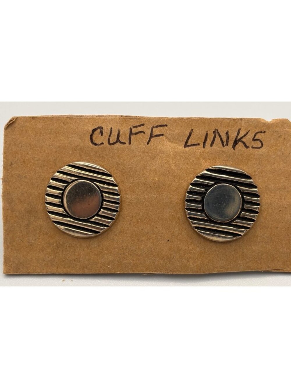 Vintage Silver-Tone Brass Round Cufflinks With Striped Design